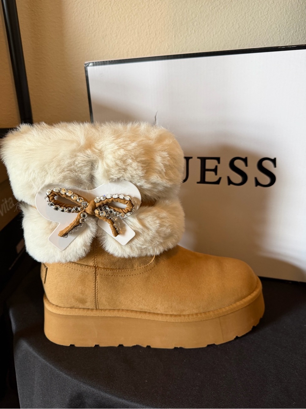 GUESS “Dowry” FUR BOOTS with embellished bow 🎀